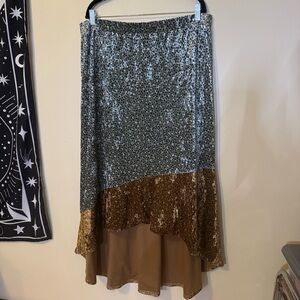 XL Anthropologie Porridge Velvet Maxi Skirt Hi Low Green Gold Animal Whimsy